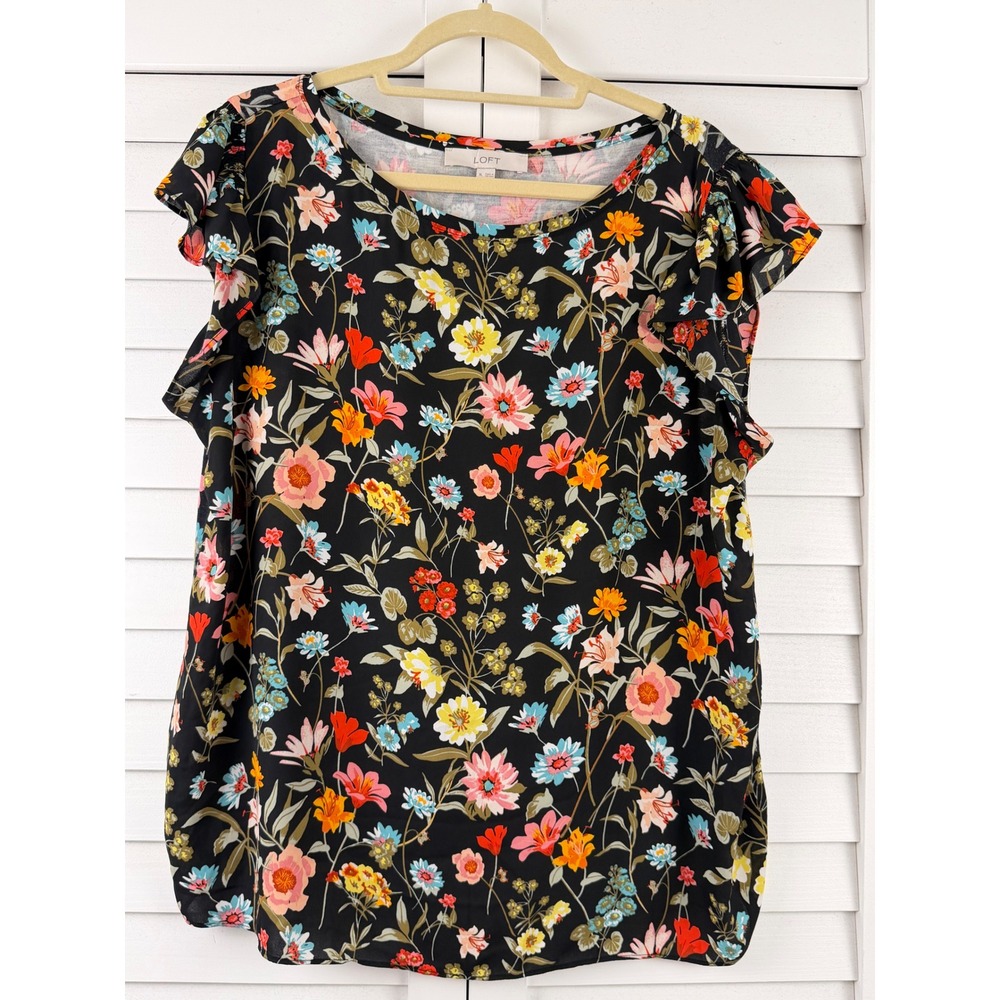 LOFT Floral Blouse Women XL Black Ruffle Sleeve Mixed Media
